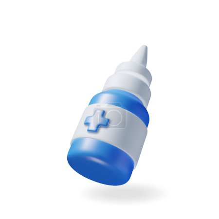3D medicine spray bottle isolated on white. Render oral spray in glass package. Aerosol for mouth and throat. Medical drug, vitamin, antibiotic. Healthcare pharmacy. Vector illustration
