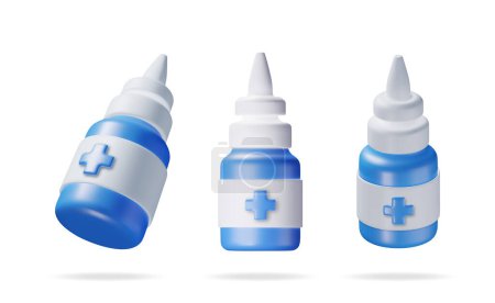 3D set of medicine spray bottle isolated. Render collection of oral spray in glass package. Aerosol for mouth and throat. Medical drug, vitamin, antibiotic. Healthcare pharmacy. Vector illustration