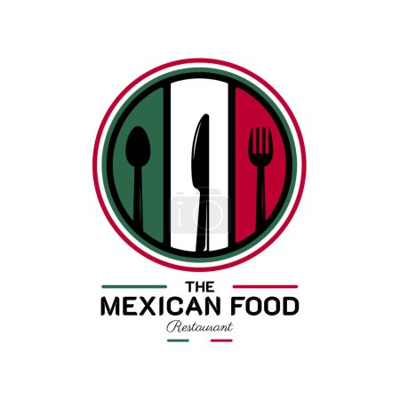 Illustration for Mexican Food Restaurant Logo. Mexico flag symbol with Spoon, Fork, and Knife icons. On green, white, and red colors. Premium and Luxury  vector illustration - Royalty Free Image