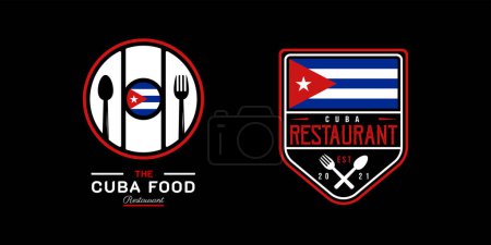 Ilustración de Logo de Cuba Food Restaurant. Símbolo de bandera de Cuba con iconos de cuchara, tenedor y cuchillo. En colores azul, blanco y rojo. Ilustración vectorial Premium y de lujo - Imagen libre de derechos