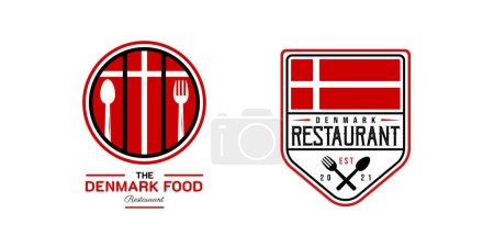 Illustration for Denmark Food Restaurant Logo. Denmark flag symbol with Spoon, and Fork icons. Premium and Luxury Logo - Royalty Free Image