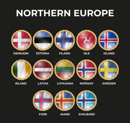 Téléchargez les illustrations : Ensemble d'illustrations 3D de drapeaux d'état du nord de l'Europe en forme de cercle - en licence libre de droit