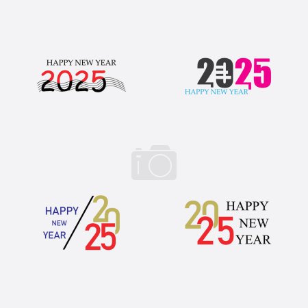 set of happy new year 2025 text logo isolated on gray background