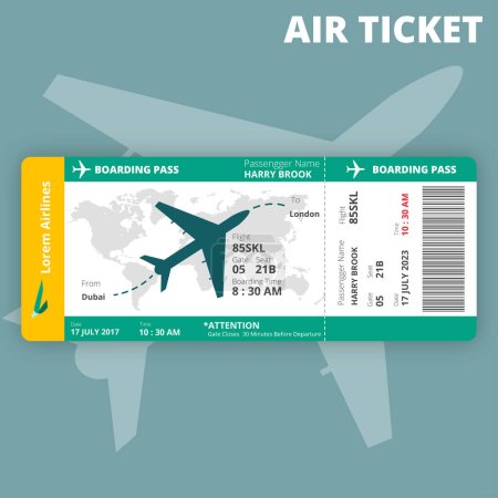 Billete aéreo o ilustración de tarjeta de embarque aislados en verde sombra amarilla