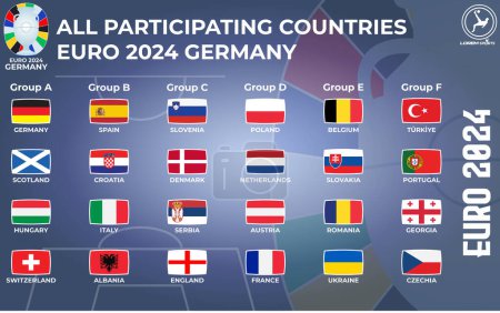 Illustration for Rectangular Flags of qualifying European football Championship 2024 participants are listed Group Wise - Royalty Free Image