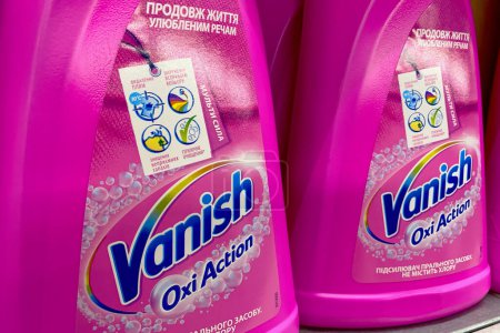 Photo for Kyiv, Ukraine, September 24, 2023: - Laundry stain remover Vanish for sale on supermarket grocery department shelf. Vanish is popular Dutch brand of household goods for washing. Selective focus. - Royalty Free Image