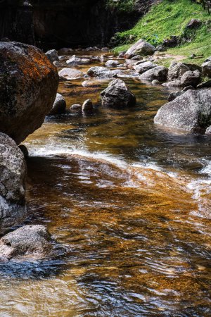Photo for Stream of water near the mountain farm, small water river with stones. - Royalty Free Image