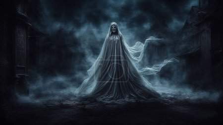Spooky Halloween Ghost In Spooky dark Night. Holiday event halloween background concept for halloween card and content multimedia creation