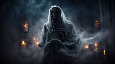 Photo for Spooky Halloween Ghost In Spooky dark Night. Holiday event halloween background concept for halloween card and content multimedia creation - Royalty Free Image