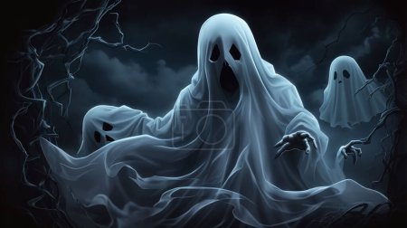 Spooky Halloween Ghost In Spooky dark Night. Holiday event halloween background concept for halloween card and content multimedia creation