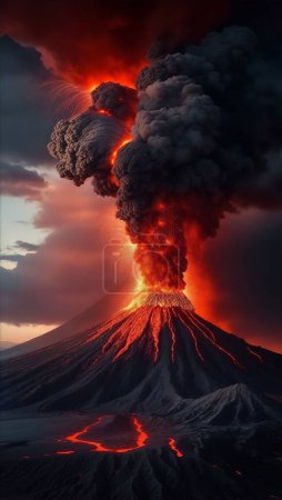 Foto de Erupción del volcán con grandes ráfagas de lava y nubes calientes que se elevan alto en el cielo, flujo piroclástico en Asia krakatoa - Imagen libre de derechos