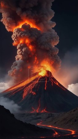 Foto de Erupción del volcán con grandes ráfagas de lava y nubes calientes que se elevan alto en el cielo, flujo piroclástico en Asia krakatoa - Imagen libre de derechos