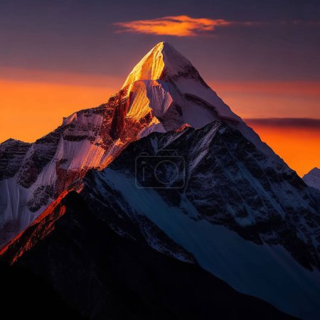Dawn over the snow capped mountains. Snowy mountain peak at dawn. Sunrise in mountains. Mountain sunrise landscape for your background and wallpaper