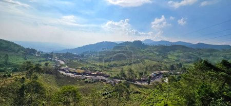 Beautiful scenery on top of hill, green view and blue sky with clouds, location at puncak pass, bogor, indonesia good for wallpaper and backdrops