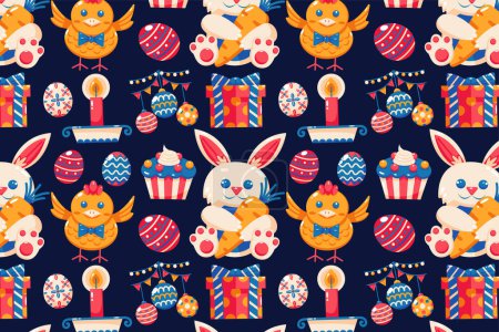 Ilustración de Feliz patrón de Pascua. Conejito sosteniendo zanahorias, polluelos, huevos, regalos, velas y galletas - Imagen libre de derechos