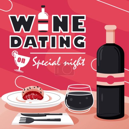 Téléchargez les illustrations : Vin Sortir ensemble le soir spécial, dîner et une bouteille de vin. Convient pour les événements - en licence libre de droit