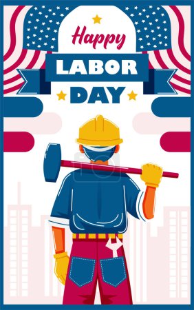 Téléchargez les illustrations : Happy Labor Day Affiche Homme tenant marteau - en licence libre de droit
