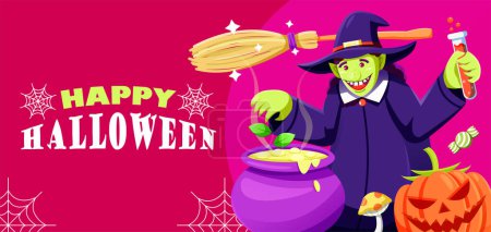 Ilustración de Feliz Halloween, la bruja está cocinando - Imagen libre de derechos