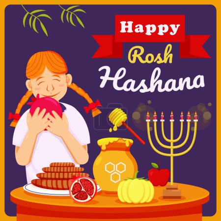 Téléchargez les illustrations : Joyeux Rosh Hashanah, douce fille juive - en licence libre de droit