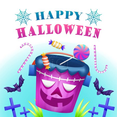 Ilustración de Feliz Halloween, Frankenstein cesta de dulces - Imagen libre de derechos