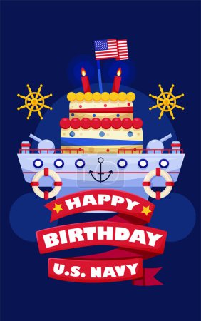 Téléchargez les illustrations : Joyeux anniversaire U.S. Navy, Illustration d'un navire avec un gâteau d'anniversaire - en licence libre de droit
