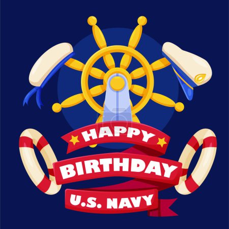Ilustración de Feliz cumpleaños Marina de los Estados Unidos, timón de barco y sombrero de marinero - Imagen libre de derechos