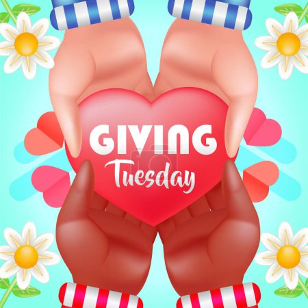 Illustration for Giving Tuesday, hand giving heart-shaped gifts - Royalty Free Image