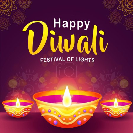 Téléchargez les illustrations : Joyeuse fête des lumières de Diwali, magnifique bougeoir en argile - en licence libre de droit