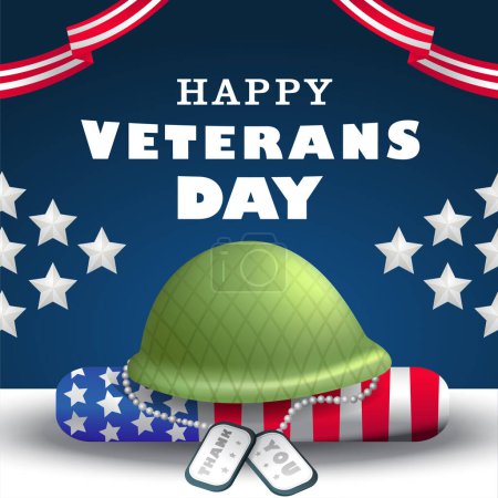 Illustration for Happy Veterans Day, veteran's helmet and necklace on the flag - Royalty Free Image