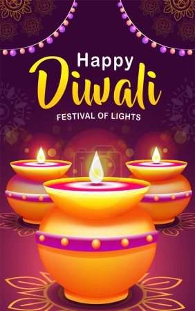 Téléchargez les illustrations : Joyeuse fête des lumières de Diwali, illustration de bougeoir de pot d'argile avec une belle lumière - en licence libre de droit