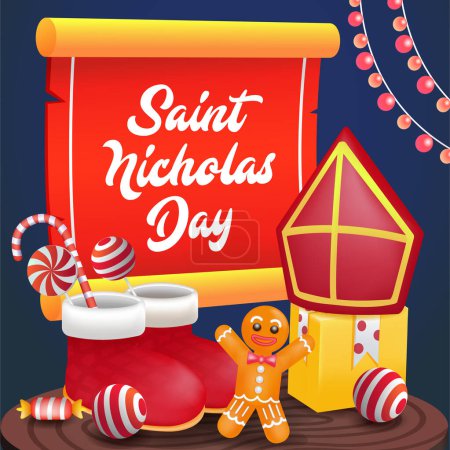 Ilustración de San Nicolás, regalos y dulces sobre la mesa - Imagen libre de derechos