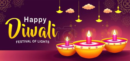 Téléchargez les illustrations : Joyeuse fête des lumières de Diwali, bougeoir et nuages avec une belle lumière - en licence libre de droit