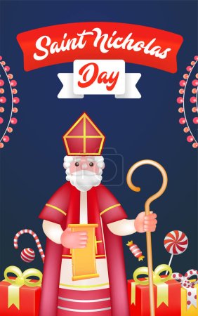 Illustration for Saint Nicholas Day, Saint Nicholas brought scrolls of letters and gifts - Royalty Free Image