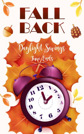Illustration for Daylight Savings Time Ends, alarm clock on dry leaves - Royalty Free Image