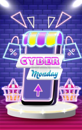 Ilustración de Cyber Monday, diversión de compras desde tu smartphone - Imagen libre de derechos