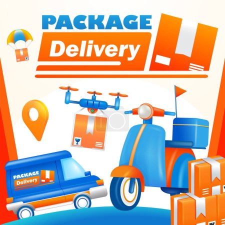 Ilustración de Paquete de transporte de entrega. Motocicleta, coche y dron 3d ilustración - Imagen libre de derechos