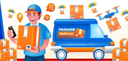Ilustración de Entrega del paquete, mensajero y transporte 3d ilustración - Imagen libre de derechos