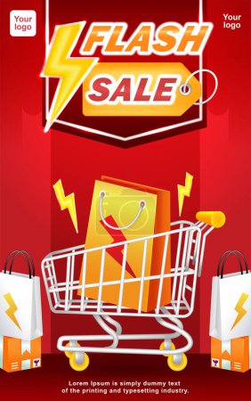 Ilustración de Venta Flash, 3d ilustración de la bolsa de la compra y el carro con efecto relámpago - Imagen libre de derechos