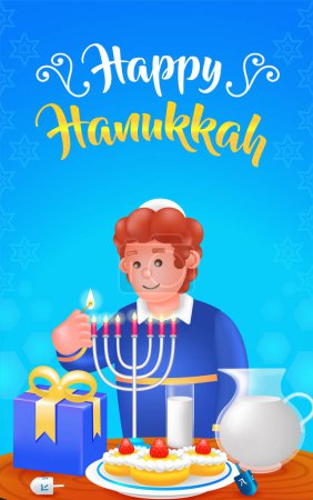 Illustration for Happy Hanukkah, 3d illustration of a young man lighting a candle - Royalty Free Image