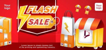 Téléchargez les illustrations : Vente Flash, horloge jaune et paquet shopping illustration 3d - en licence libre de droit
