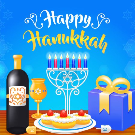 Illustration for Happy Hanukkah, 3d illustration of candle holder with food - Royalty Free Image