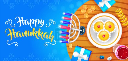 Illustration for Happy Hanukkah, 3d illustration of candle holder, dreidel and gift - Royalty Free Image