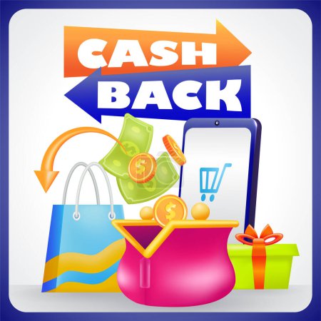 Illustration for Cash Back. 3d illustration of women's wallet, gift, smartphone, money and shopping bag - Royalty Free Image