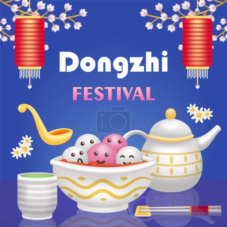 Illustration for Dongzhi Festival. 3d illustration of cute sweet dumpling soup, teapot and green tea - Royalty Free Image