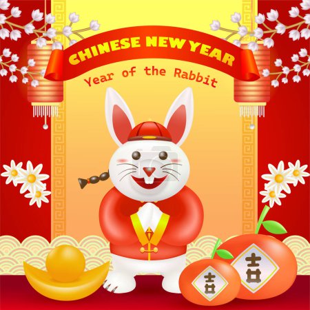 Téléchargez les illustrations : Nouvel An chinois, Année du lapin. Illustration 3D de lapins, lingots d'or, oranges et ornements floraux - en licence libre de droit