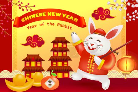 Illustration for Chinese New Year, Year of the Rabbit. 3d illustration of a rabbit carrying a lantern with floral ornament, gold bars, oranges and house background - Royalty Free Image