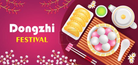 Téléchargez les illustrations : Festival de Dongzhi. Illustration 3D de boulettes frites, de boulettes de soupe sucrée et de thé vert - en licence libre de droit