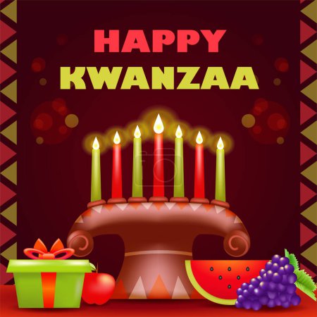 Illustration for Happy Kwanzaa, 3d illustration of seven traditional color candles with fruits - Royalty Free Image