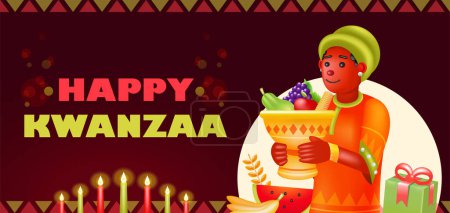 Téléchargez les illustrations : Happy Kwanzaa, illustration 3D de femme africaine portant des fruits et des cadeaux - en licence libre de droit