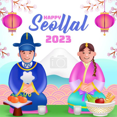 Illustration for Happy Seollal 2023, 3d illustration of cute Korean man and woman with cherry blossom ornament and mountains background - Royalty Free Image